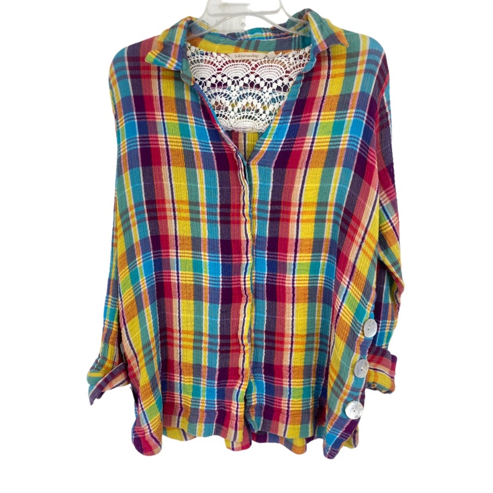 Soft Surroundings plaid  cotton Button Down tunic  top